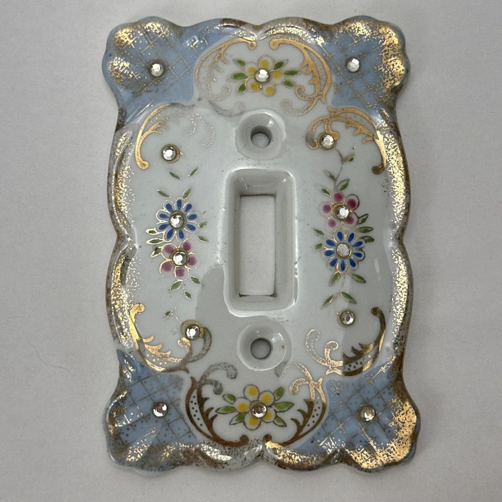 Vintage Lefton's Floral Rhinestones Porcelain Light Switch Plate Cover Blue 2685
